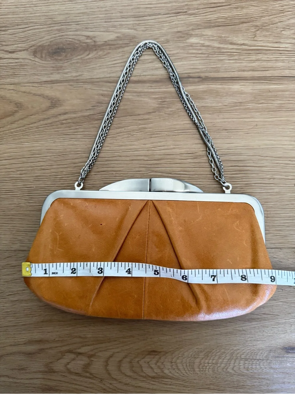 Hobo Hayward Brown Leather Chain Strap Kisslock Clutch Shoulder Bag Purse